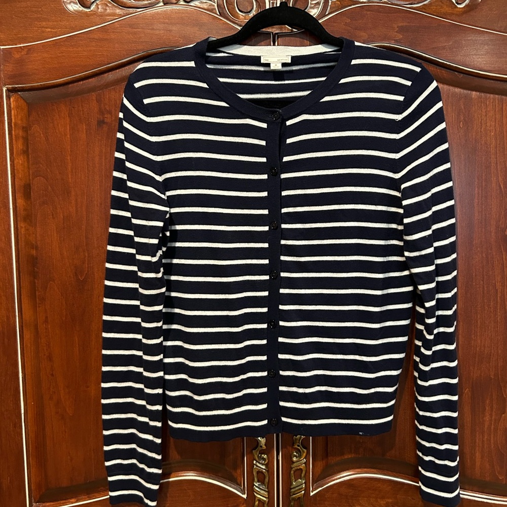 GAP Navy and White Striped Buttoned Crew Neck Cardigan Sweater